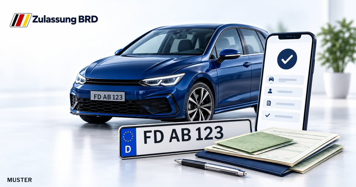 Online Fahrzeugzulassung in Kalbach: Musterkennzeichen FD AB 123, Auto und Fahrzeugpapiere und Smartphone. Illustration mit Logo von Zulassung BRD.